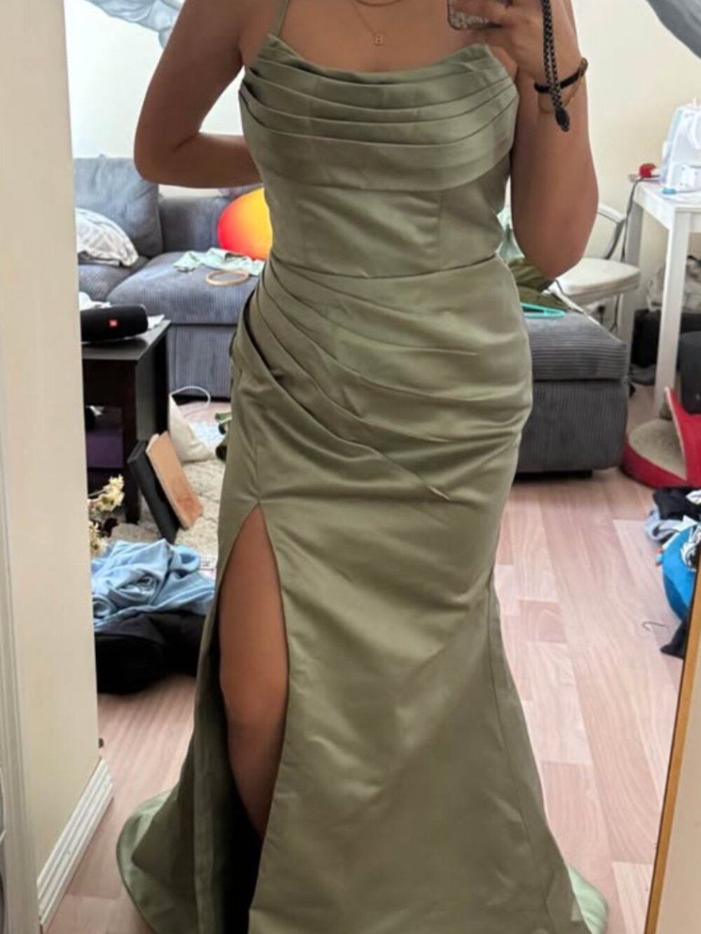 Olive Green Satin Formal Dress